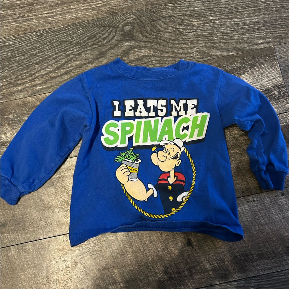 4/$20 Popeye “I eat me spinach” blue short sleeved tee shirt 18-24 months